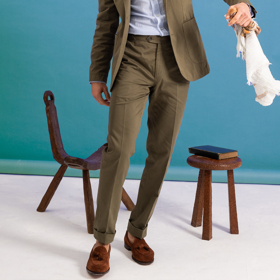 Olive Washed Cotton Barbon Trousers