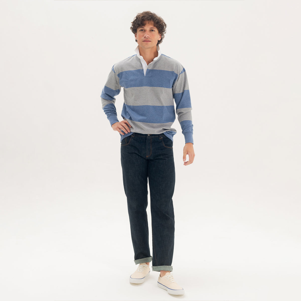 Blue/Ash Melange Striped Rugby Shirt