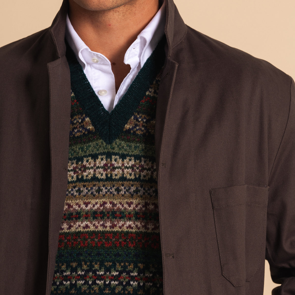 Bottle Green Trim Fairisle Slipover Vee Neck