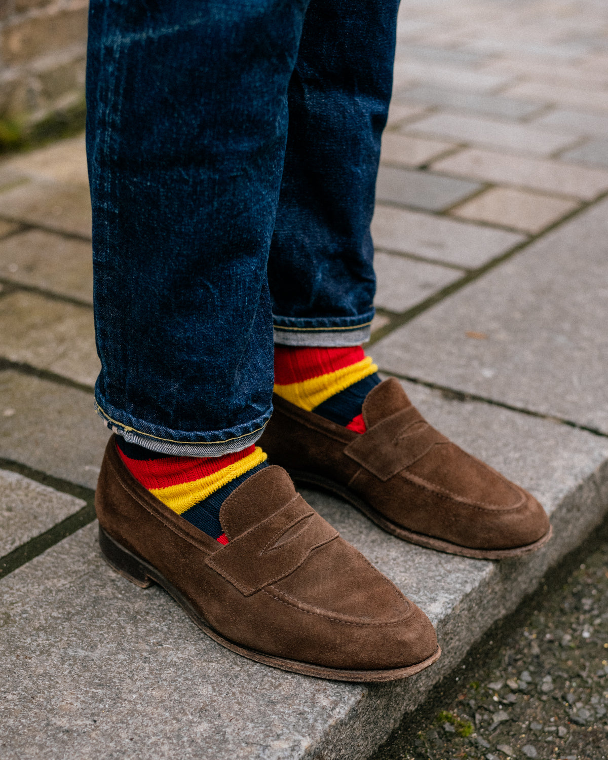 Navy / Red/ Yellow Cotton 3 Colour Stripe Socks