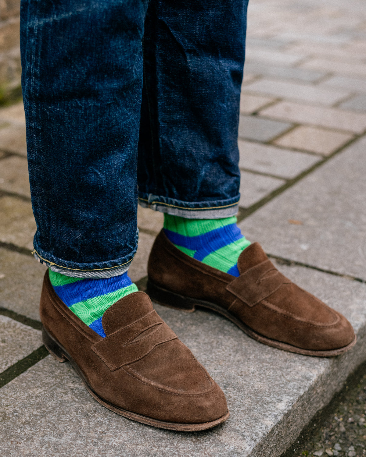 Blue / Green Cotton 2 Colour Stripe Socks