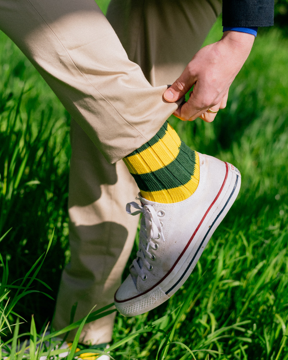 Dark Green / Yellow Cotton 2 Colour Stripe Socks
