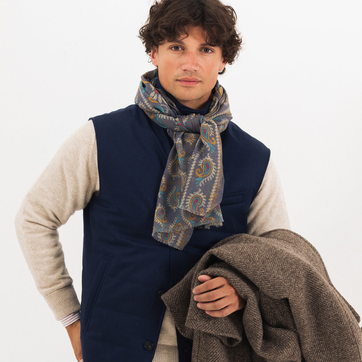 Grey Double Face Printed Wool Scarf