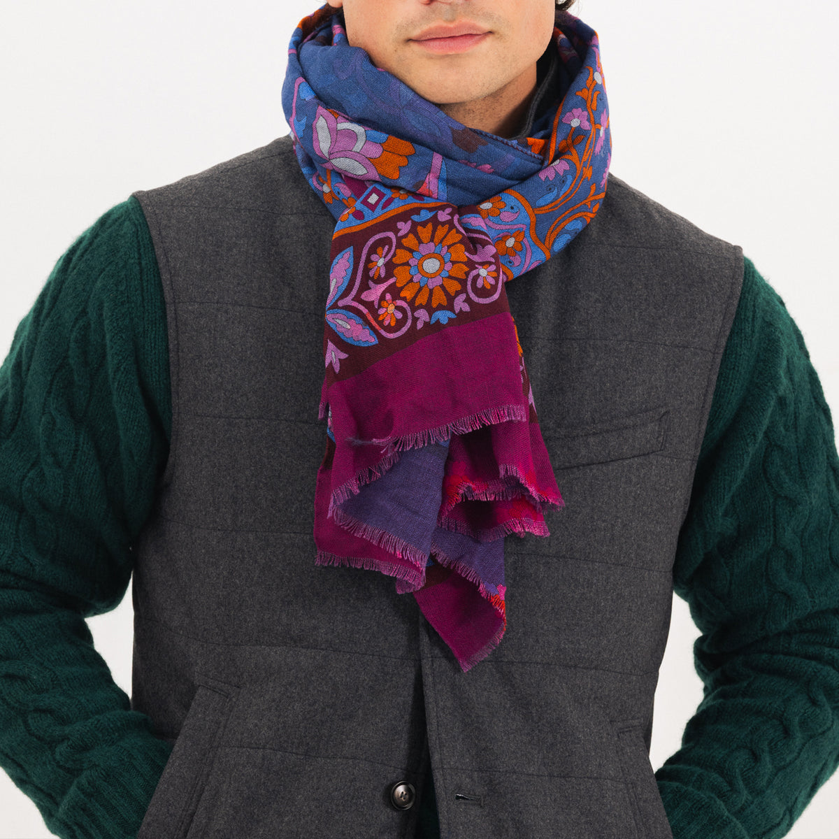 Indigo/Claret Double Face Printed Wool Scarf