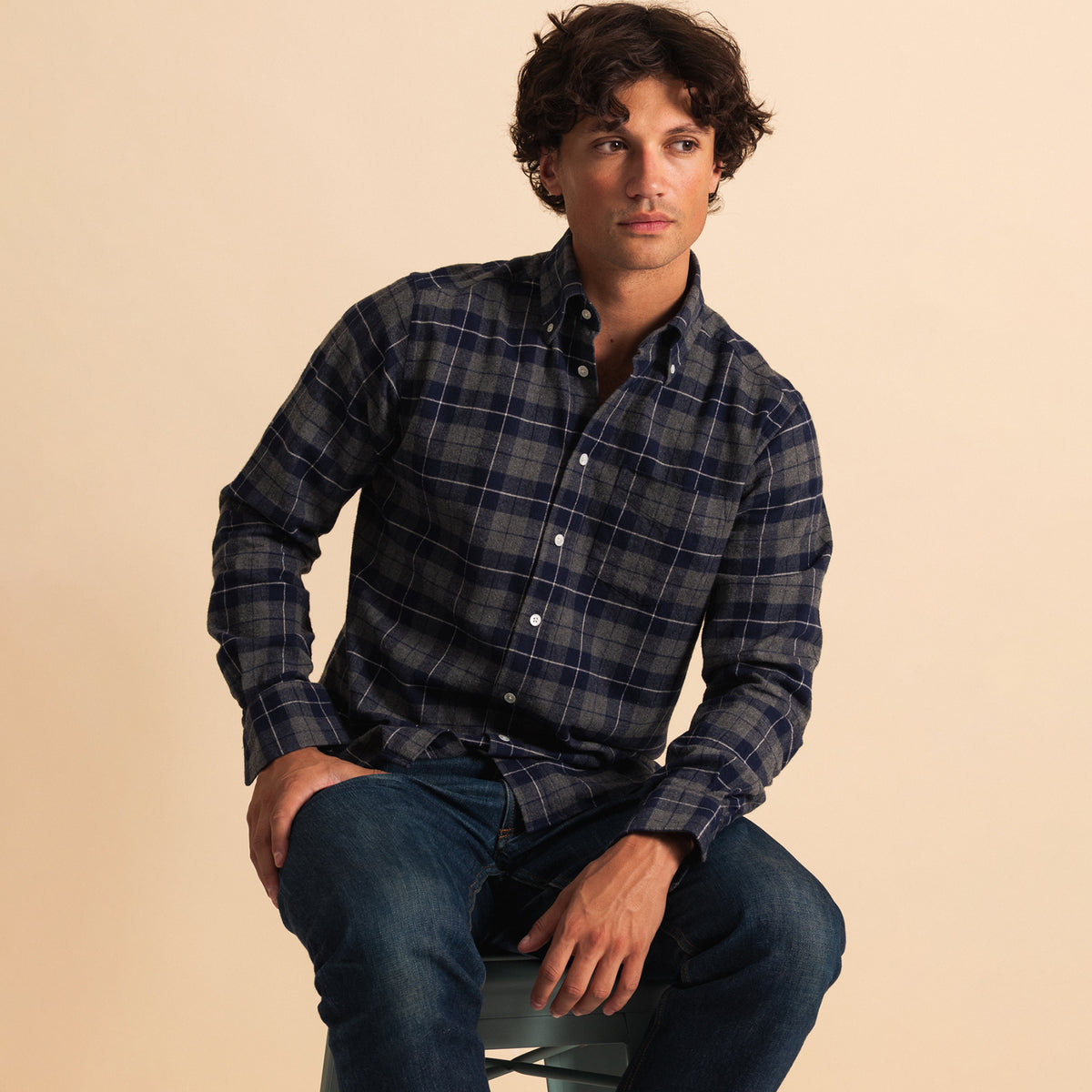 Navy Grey Plaid Brushed Cotton BD Shirt
