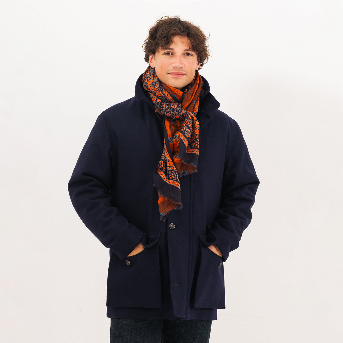 Navy/Orange Double Face Printed Wool Scarf