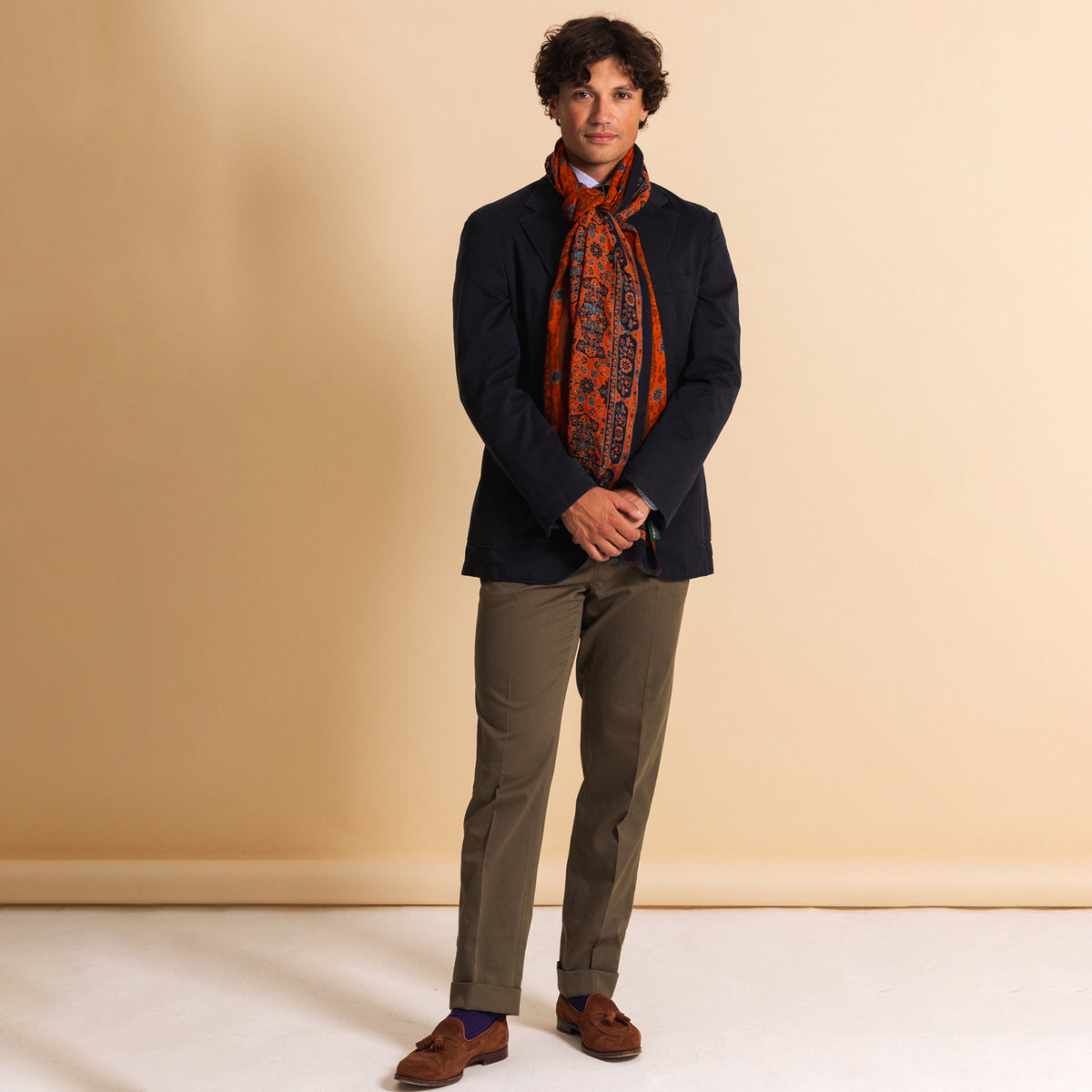 Navy/Orange Double Face Printed Wool Scarf
