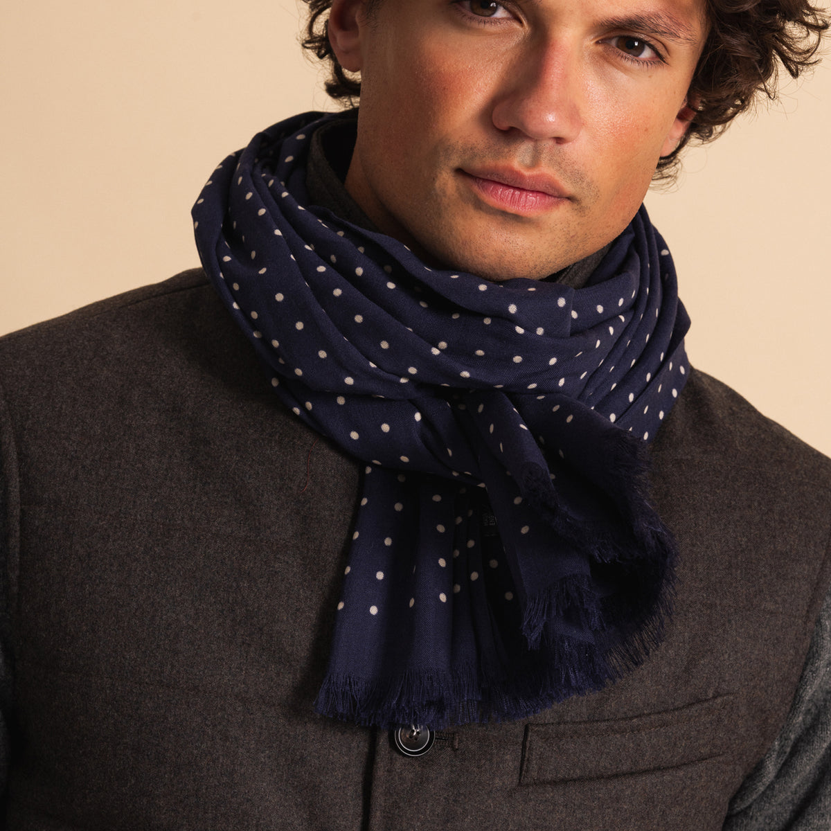 Navy Wool Silk Spot Scarf
