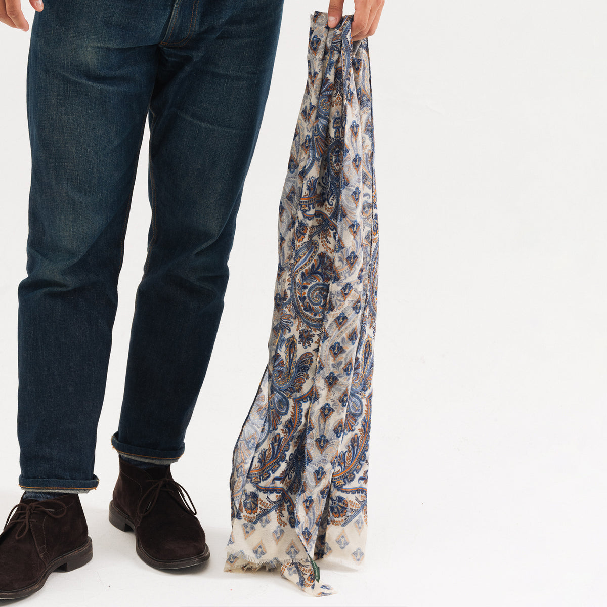 White/Blue Double Face Printed Wool Scarf