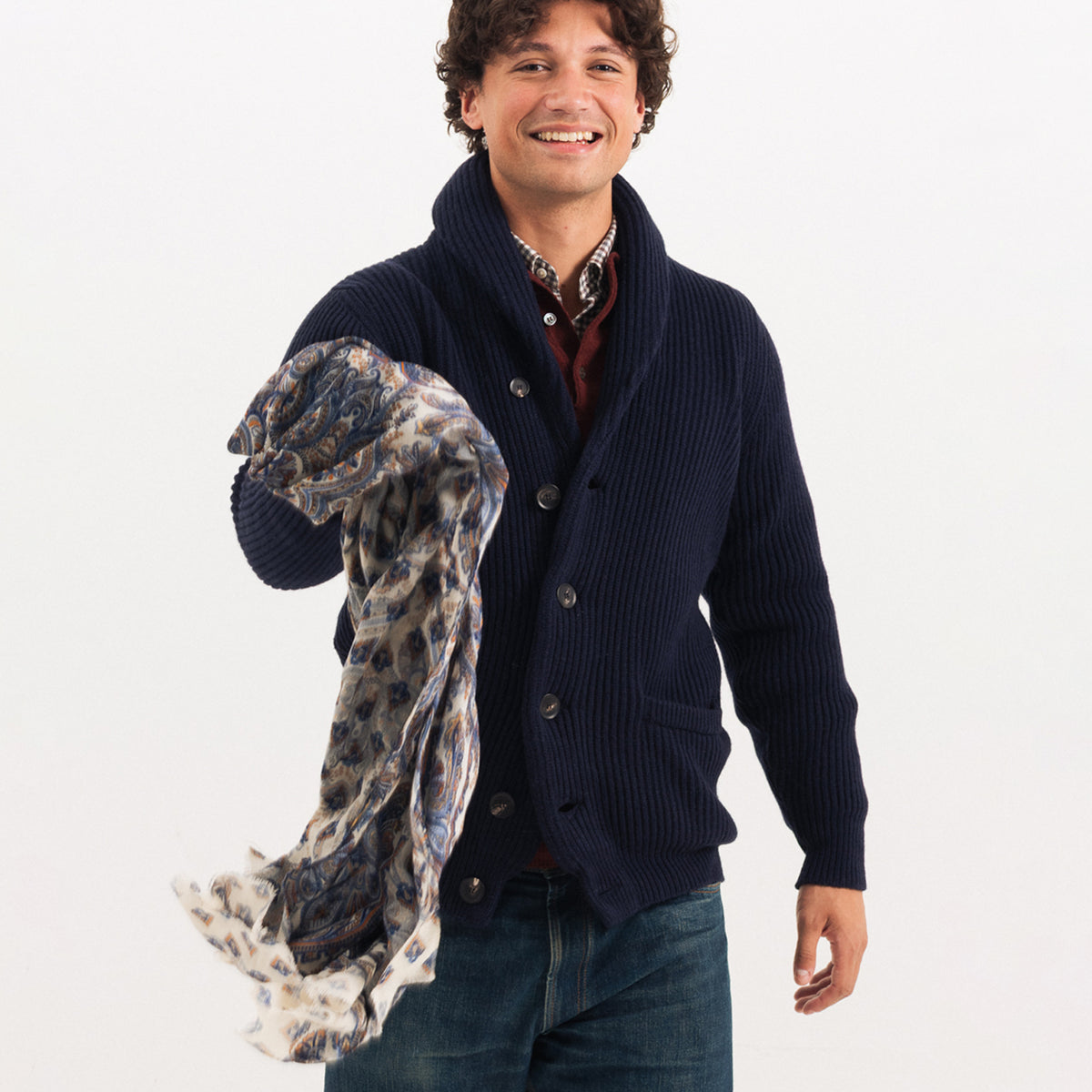White/Blue Double Face Printed Wool Scarf