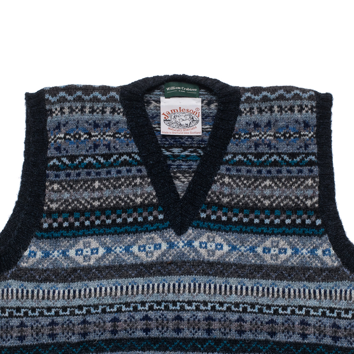 Navy Trim Fairisle Slipover Vee Neck