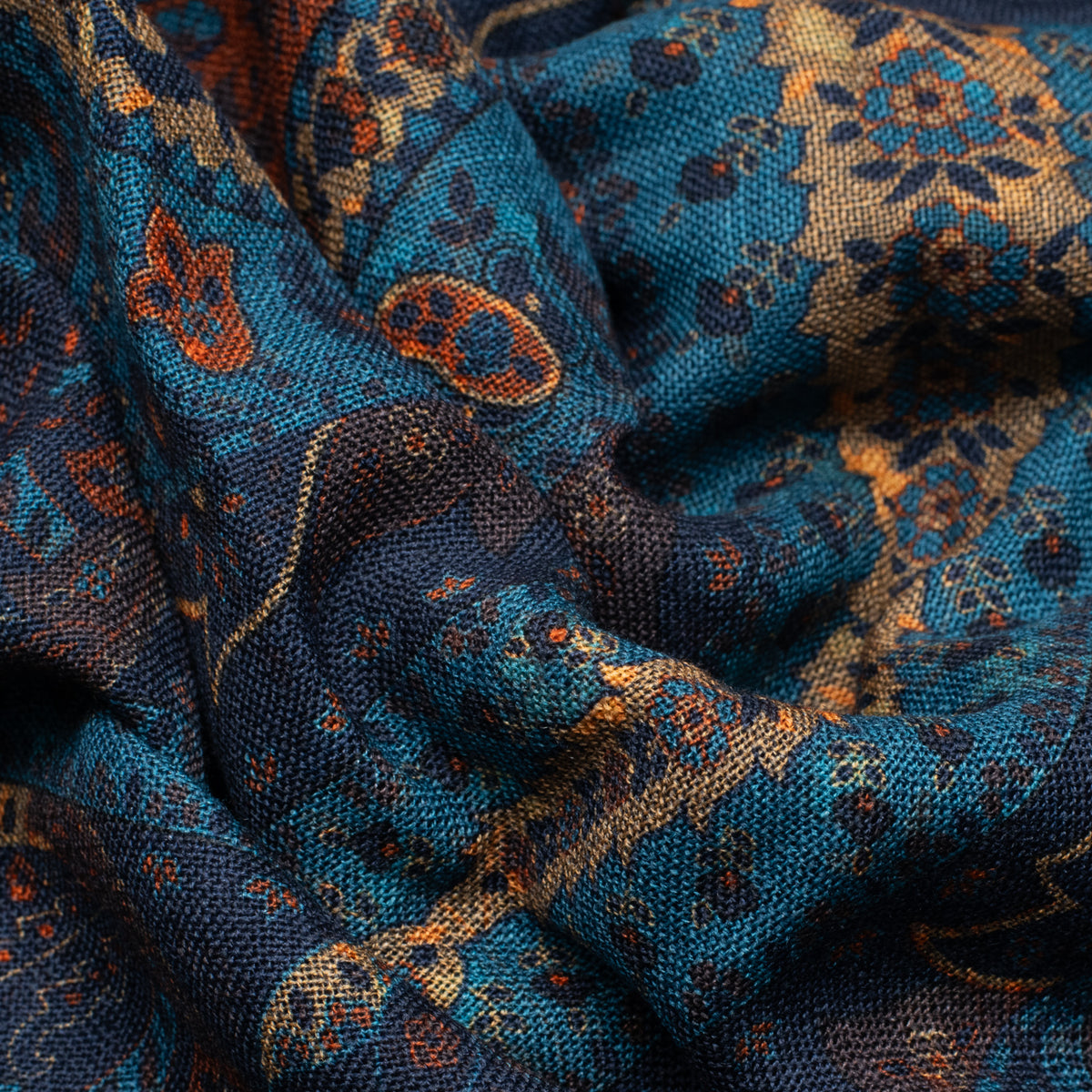 Navy/Teal Double Face Printed Wool Scarf