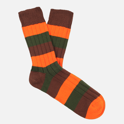 Chocolate / tango/ dark green Cotton 3 Colour Stripe Sock